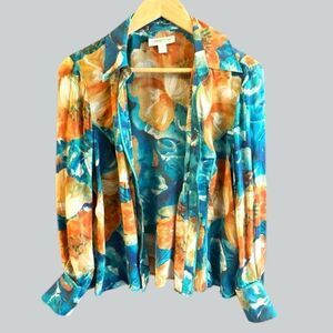 Coldwater Creek Silk Sheer Floral Blouse Size PL Colorful Painterly Boho Artsy